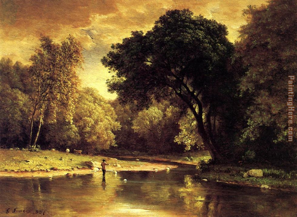 Fisherman in a Stream painting - George Inness Fisherman in a Stream art painting